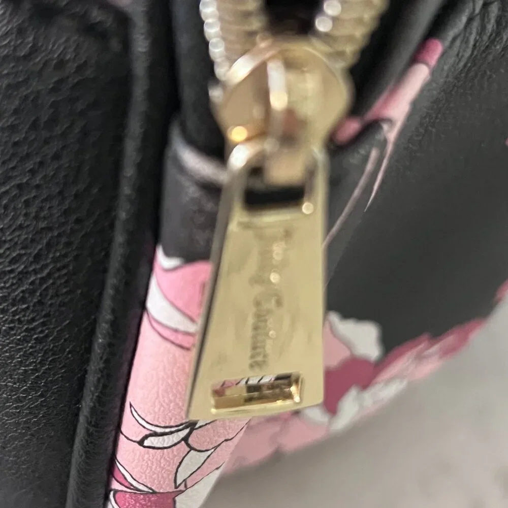 Juicy Couture Floral Mini Backpack Black Pink‎ Peony Gold Logo Faux Leather Bag